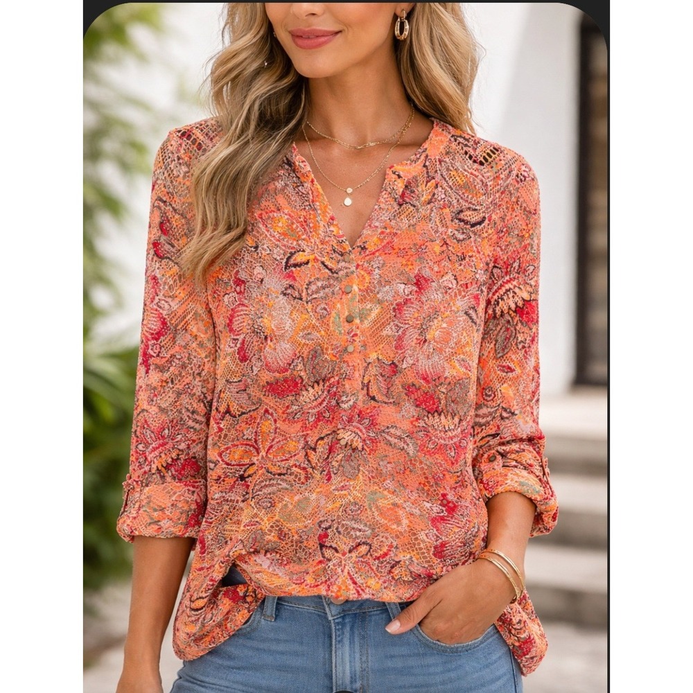 Cato Women Orange Floral‎ Paisley Lace Henley Blouse Roll Tab 3/4 Sleeve Large
